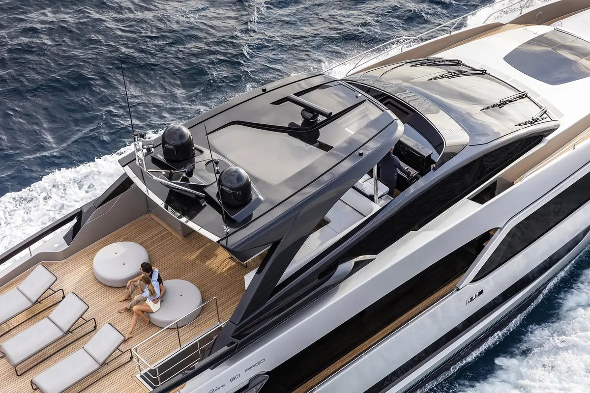 Riva 90, aft deck — Cannes Yachst hire, Cannes. Riva 90 — 28.5m